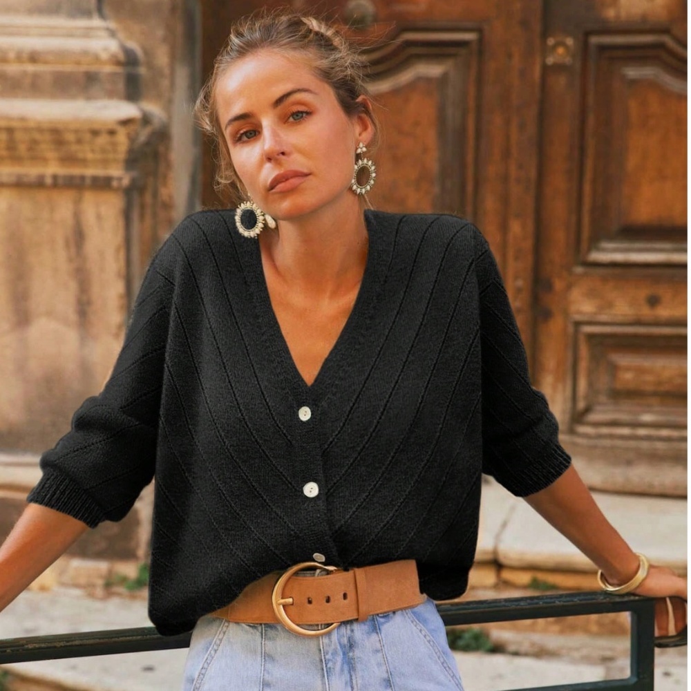 V-Cut Buttoned Down Black  Knit Cardigan Textured, Long Sleeve